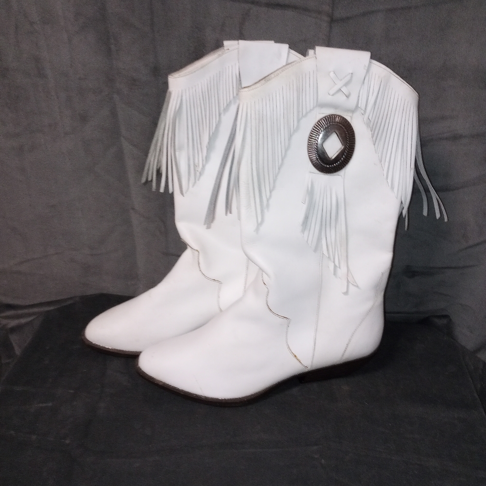 Vintage 80s Leather Craft White Fringe Cowboy Boots Size 8.5